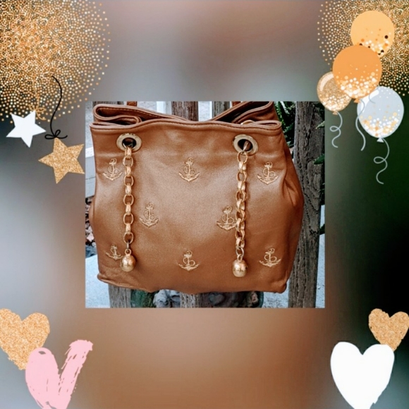 L.J. SIMONE NEW YORK GOLD LEATHER ANCHOR BAG - Picture 2 of 7